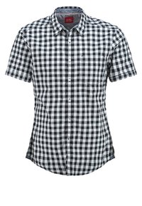 Camisa de cuadros de manga corta en blanco y negro, con botón en la parte delantera, un bolsillo en el pecho y un dobladillo redondeado. Material de algodón.