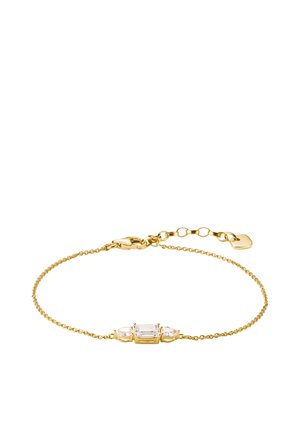 Delicate gold chain bracelet with a rectangular and two pear-shaped clear stones in the center, featuring a lobster clasp and adjustable links.