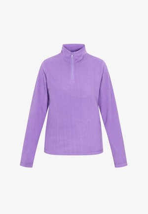 Paarse fleece pullover met een hoge kraag en kwart-rits. Lange mouwen en een zachte textuur. Gladde afwerking zonder patronen of accenten.