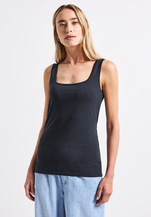 Top senza maniche nero con scollatura quadrata, realizzato in un tessuto morbido. Il design è aderente nel busto e largo all'orlo.