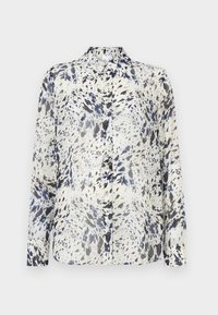 Μπλούζα με μακριά μανίκια, με λευκή βάση και αφηρημένο σχέδιο σε ναυτικό μπλε και γκρι. Κουμπιά στο μπροστινό μέρος, κλασικό γιακά και μαλακό, λείο ύφασμα.