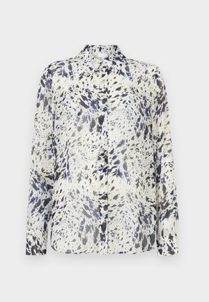 Bluză cu mâneci lungi, având o bază albă cu un model abstract în nuanțe de bleumarin și gri. Închidere cu nasturi în față, guler clasic și material moale, fin la atingere.