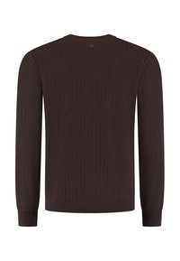 Brauner gestrickter Pullover mit strukturiertem Muster, langen Ärmeln und Rundhalsausschnitt. Rippbündchen und Saum runden das Design ab.