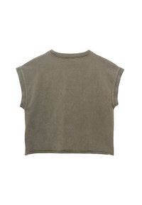Oliven grøn, kortærmet cropped t-shirt i blød bomuld. Rund hals, rå kanter ved ærmer og kant, med en afslappet pasform og minimal detaljer.