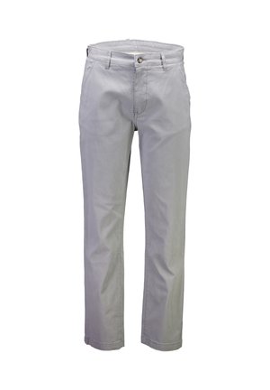 Pantalones de algodón gris claro con diseño de pierna recta, bolsillos delanteros y cierre de un solo botón. Textura suave y detalles de costura simples.