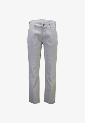 Pantaloni di cotone grigio chiaro con design a gamba dritta, tasche frontali e chiusura con un solo bottone. Tessuto liscio e dettagli di cuciture semplici.