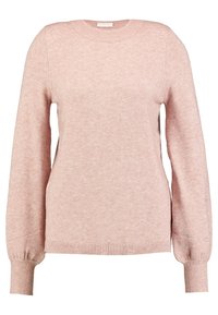 Světle růžový svetr s pulovrem vyrobený z měkké tkaniny, s kulatým výstřihem, dlouhými rukávy a žebrovanými manžetami a spodním lemem.