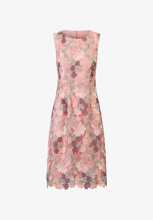 Rosenholzfarbenes Spitzekleid mit floraler Stickerei in verschiedenen Farbtönen, runder Ausschnitt und hinterem Reißverschluss. Wellenförmiger Saum.