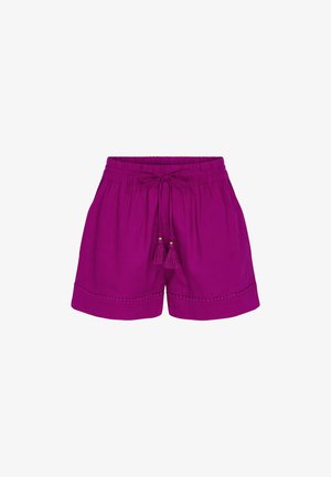 Paarse casual korte broekjes met elastische tailleband, aantrekkoord met franjes en decoratieve stiksels bij de zoom.