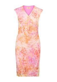 Robe à manches courtes et longueur genou avec un motif abstrait rose, orange et jaune, dotée d'un design croisé et d'un tissu lisse et extensible.