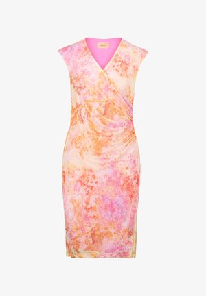 Sukienka z krótkim rękawem, sięgająca do kolan, z różowym, pomarańczowym i żółtym abstrakcyjnym wzorem, z krojem kopertowym i gładkim, elastycznym materiałem.