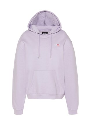 Sweat à capuche violet clair avec poche frontale, cordons de serrage, et petit logo "Schott N.Y.C" avec un cœur rouge sur la poitrine.