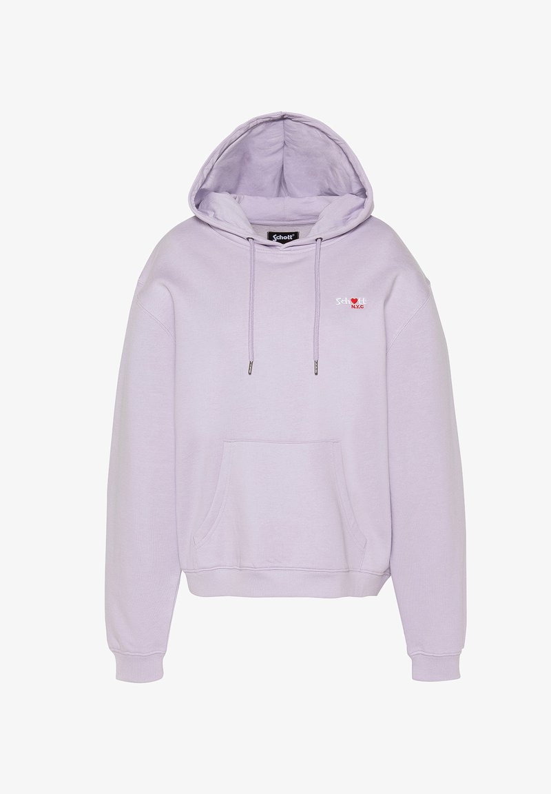 Sweat à capuche violet clair avec poche frontale, cordons de serrage, et petit logo "Schott N.Y.C" avec un cœur rouge sur la poitrine.