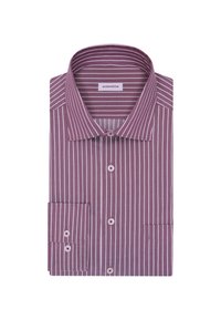 Gefaltetes Langarm-Hemd mit weißen vertikalen Streifen auf mauvefarbenem Hintergrund, ausgestattet mit einem klassischen Kragen und geknöpften Manschetten.
