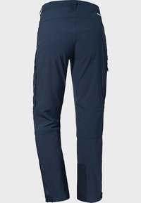 Marineblaue Outdoor-Hosen mit Reißverschluss-Seitentaschen, verstärktem Stoff an den Knien und verstellbaren Beinabschlüssen für einen sicheren Sitz.