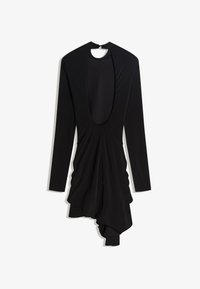 Črna obleka z dolgimi rokavi in globokim okroglih izrezom, z nabranim teksturo na sprednjem delu in asimetričnim robom, izdelana iz gladkega, elastičnega materiala.