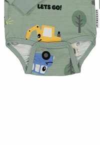 Grön långärmad bodysuit med lekfulla grafik av byggfordon, träd och texten "LÅT OSS ÅKA!" samt knäppningar i botten.