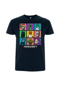 Námořnická modrá bavlněná tričko s mřížkou designů postav z Minecraftu v jasných barvách a se slovem "Minecraft" na spodní části.