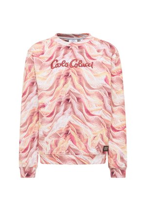 Rosa Sweatshirt mit gewelltem Muster, rundem Ausschnitt und gerippten Bündchen. Logo "Carlo Colucci" in roter Stickerei auf der Vorderseite.