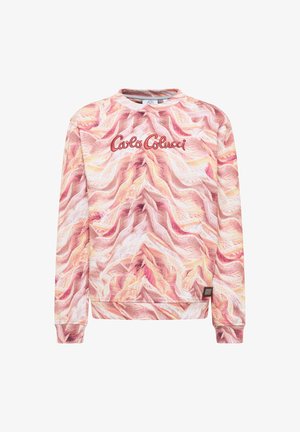 Rosa Sweatshirt mit gewelltem Muster, rundem Ausschnitt und gerippten Bündchen. Logo "Carlo Colucci" in roter Stickerei auf der Vorderseite.