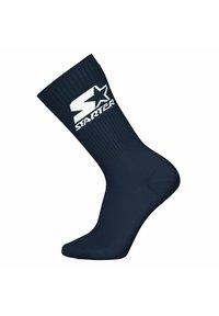 Marineblaue Crew-Socke mit geripptem Bund, die oben das weiße "Starter"-Logo und ein Sternemblem zeigt.