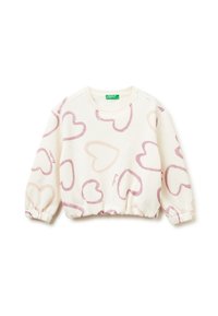 Sudadera ligera color crema con patrones de corazones rosas, puños acanalados y cinturilla. Fabricada con tela suave y con un corte relajado.