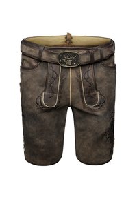 Pantalones cortos de cuero marrón con bordado y un cinturón con hebilla de metal, con bolsillos laterales y acentos decorativos.