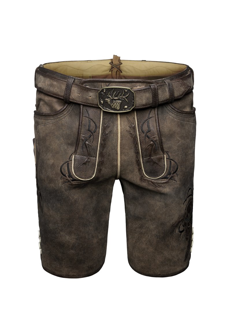 Pantalones cortos de cuero marrón con bordado y un cinturón con hebilla de metal, con bolsillos laterales y acentos decorativos.
