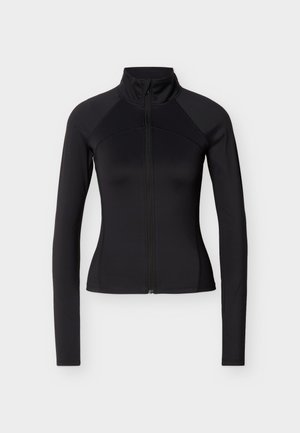 Μαύρο εφαρμοστό τζάκετ με μακριά μανίκια, ψηλό γιακά και φερμουάρ μπροστά, σχεδιασμένο για αθλητική ή καθημερινή χρήση.