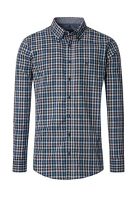 Heren overhemd met lange mouwen in een blauw, beige en teal ruitpatroon. Voorzien van een puntige kraag en een enkele borstzak.