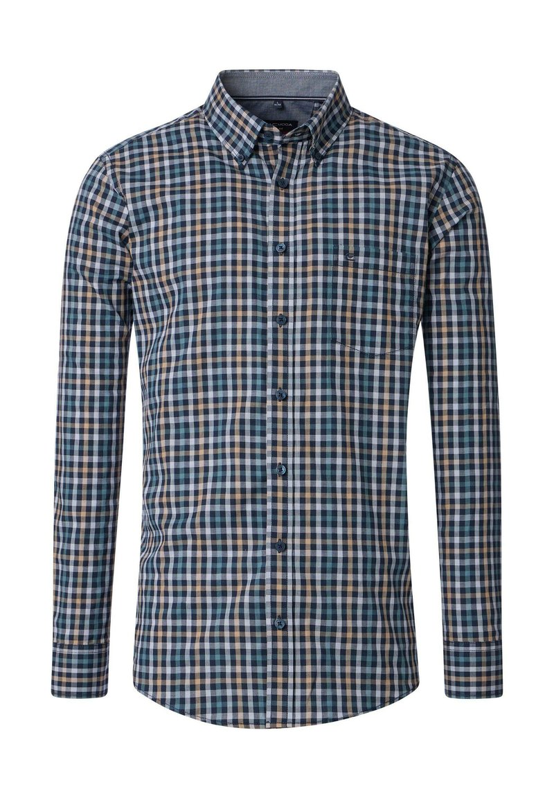 Heren overhemd met lange mouwen in een blauw, beige en teal ruitpatroon. Voorzien van een puntige kraag en een enkele borstzak.