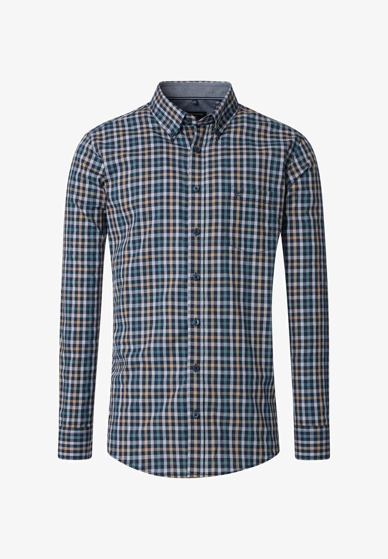 Heren overhemd met lange mouwen in een blauw, beige en teal ruitpatroon. Voorzien van een puntige kraag en een enkele borstzak.
