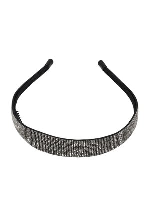 Zwart haarband versierd met meerdere kleine zilveren steentjes die de voorkant bedekken, met gladde zwarte uiteinden voor comfort.