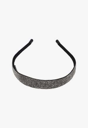Zwart haarband versierd met meerdere kleine zilveren steentjes die de voorkant bedekken, met gladde zwarte uiteinden voor comfort.