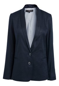 Granatowa marynarka wykonana z gładkiej tkaniny o satynowym wykończeniu. Posiada dwa guziki, klapy z wycięciem oraz paskowane wewnętrzne podszycie.