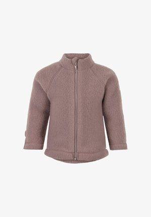 Giacca rosa in pile con collo alto, maniche lunghe e cerniera frontale. Caratterizzata da una texture morbida e un orlo arrotondato.