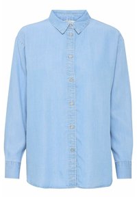 Camicia in denim blu chiaro con colletto classico, maniche lunghe, chiusura a bottone e orlo dritto. Tessuto morbido con sottili dettagli di cucitura.