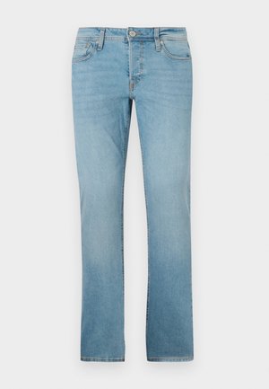 Jeans bleu clair en denim, avec une coupe droite, cinq poches, une fermeture à bouton et un léger délavage pour la texture.