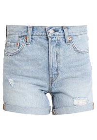 Vaaleansinisiä farkkushortsit, joissa on korkea vyötärö, käännetyt reunat ja kulutustyyliset yksityiskohdat. Klassinen viiden taskun muotoilu etupainikkeilla.