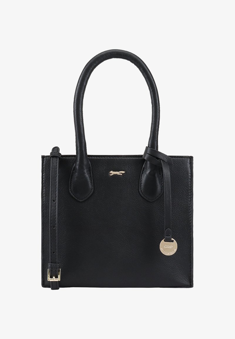 Sac à main en cuir noir avec deux poignées supérieures, de forme rectangulaire, et une bandoulière amovible. Il présente un petit logo en métal.