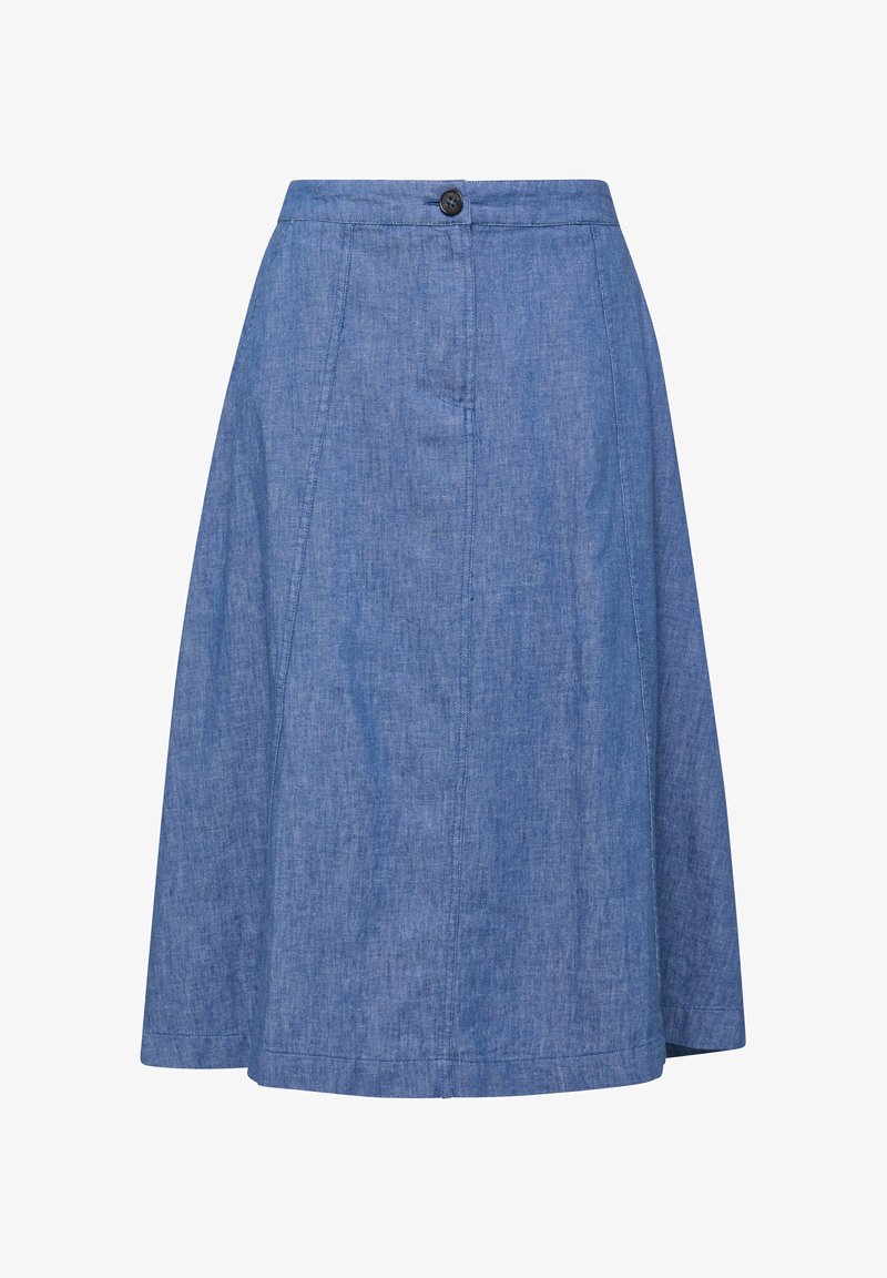 Jupe portefeuille bleu mi-longue à la hauteur du genou, avec un bouton et une fermeture éclair dissimulée à la taille, fabriquée en denim léger.