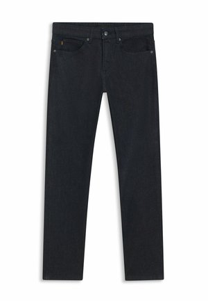 Tumma denimin farkut, joissa on istuva malli, suorat lahkeet, minimaalinen tikkaus ja viiden taskun tyyli. Varustettu napin suljennalla ja denimin tekstuurilla.