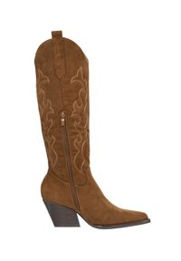 Brązowy zamszowy kowbojski kozaki do połowy łydki z wąskim noskiem, ozdobnym przeszyciem oraz bocznym zamkiem. Posiadają obcas typu słupek.