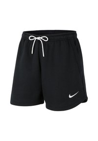 Pantalones cortos atléticos negros hechos de una tela suave. Cuentan con una cinturilla elástica con un cordón blanco y un pequeño logo blanco de Nike en el lateral.
