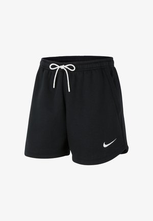 Pantalones cortos atléticos negros hechos de una tela suave. Cuentan con una cinturilla elástica con un cordón blanco y un pequeño logo blanco de Nike en el lateral.