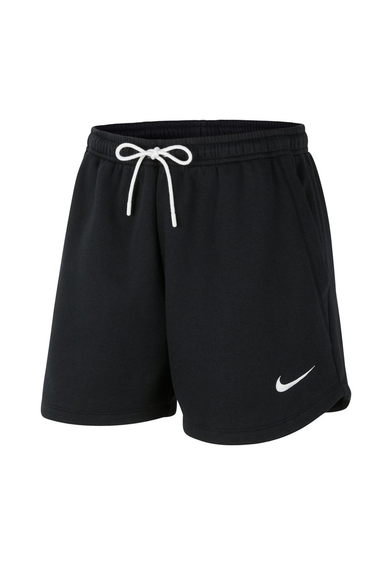 Pantalones cortos atléticos negros hechos de una tela suave. Cuentan con una cinturilla elástica con un cordón blanco y un pequeño logo blanco de Nike en el lateral.