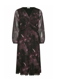 Kwiatowa sukienka z przezroczystej czarnej tkaniny w odcieniach głębokiego purpury i różu. Posiada skręcony gorset, szerokie rękawy i falbaniasty dół.