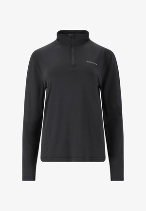 Sort langærmet pullover med halvlukket krave, lavet af et glat syntetisk materiale, med et minimalistisk logo på brystet.