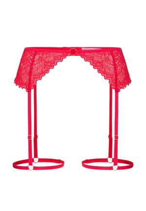 Roter Spitzen-Strumpfhalter mit verstellbaren Trägern und gezackten Rändern, entworfen zum Befestigen an Strümpfen.