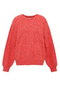 Roter Strickpullover mit strukturiertem Muster, Rundhalsausschnitt und Ballonärmeln. Weiches, kuscheliges Material mit einem leicht lockeren Schnitt.